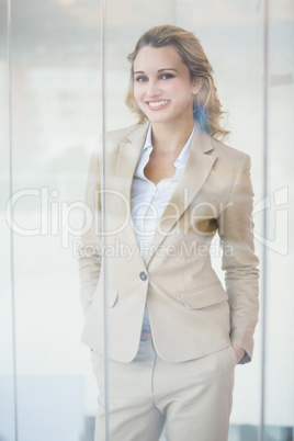 Portrait of smiling businesswoman through the window