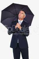 Smiling businessman sheltering with umbrella