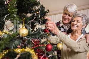 Senior couple decorating their christmas tree