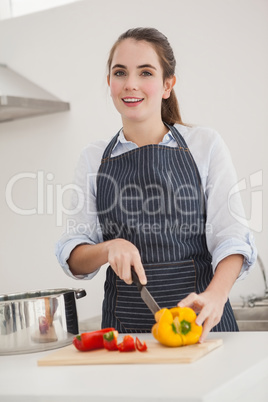 Pretty brunette slicing vegetables at the counter