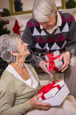 Senior couple sitting beside their christmas tree