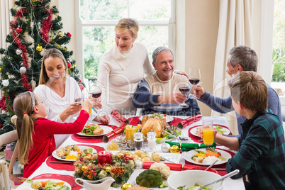 Family toasting with red wine in a christmas dinner