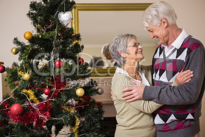 Senior couple decorating their christmas tree