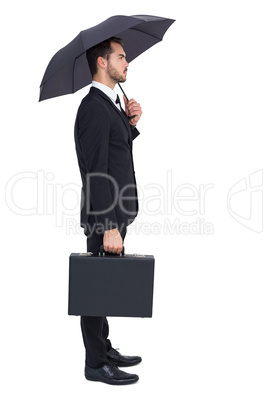 Businessman under umbrella while holding a briefcase