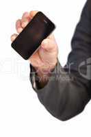 Hand of businessman showing smartphone