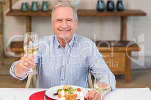 Smiling man toasting at christmas dinner
