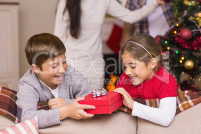 Brother and sister holding a gift