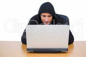 Burglar in hood jacket using laptop
