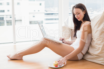 Pretty brunette using laptop sitting on floor