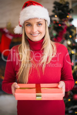 Pretty woman in santa hat smiling and holding a gift