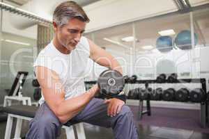 Fit man lifting dumbbells sitting on the bench