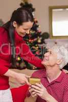 Mother offering gift to grandfather