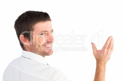 Businessman holding his hand up