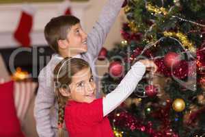 Brother and sister decorating the christmas tree together
