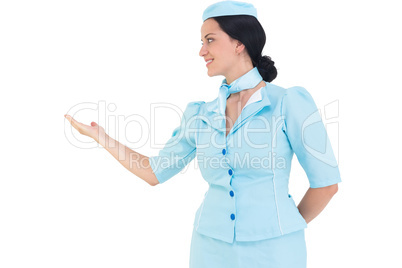 Pretty air hostess presenting with hand