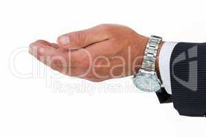 Businessman with wrist watch and hands out