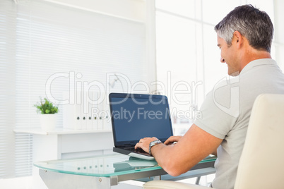 Cheerful man using his laptop at desk