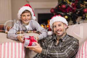 Portrait of smiling father and son at christmas