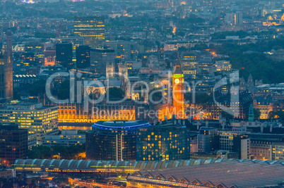 Amazing night aerial view of Westminster and Houses of Parliamen