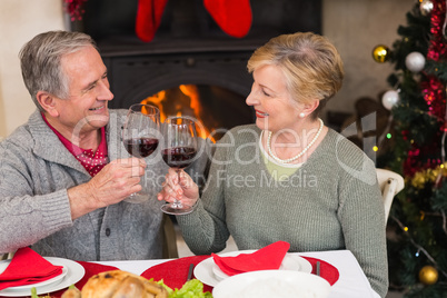 Senior couple toasting red wine