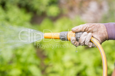 Woman watering her flower bed