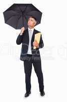 Cheerful businessman holding a file under umbrella