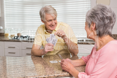 Senior couple playing cards at the counter