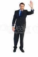 Smiling businessman salute with hand up