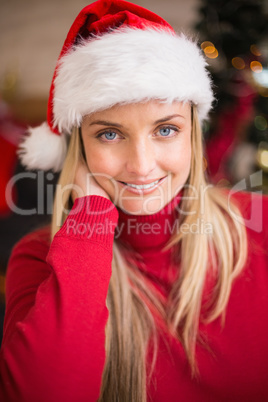 Portrait of pretty woman in santa hat smiling