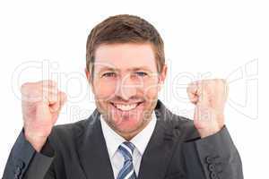 Businessman smiling and cheering