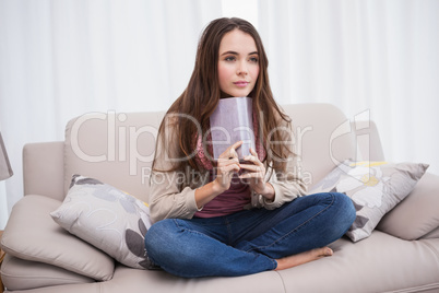 Pretty brunette reading book on couch