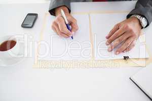 Mature businessman writing on document