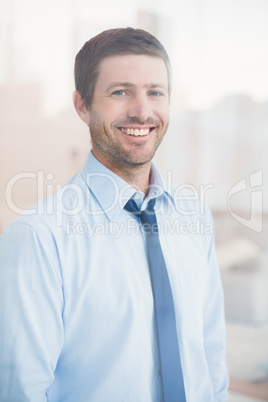 Smiling businessman looking out the window