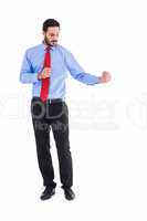 Happy businessman showing something to camera