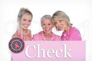 Composite image of happy women wearing pink tops and ribbons for