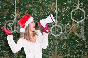 Composite image of festive blonde shouting through megaphone