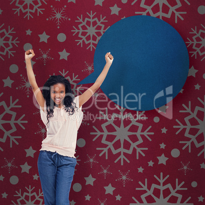 Composite image of a young happy woman stands with her hands in