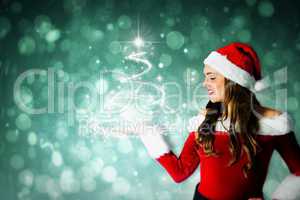 Composite image of pretty girl in santa costume holding hand out