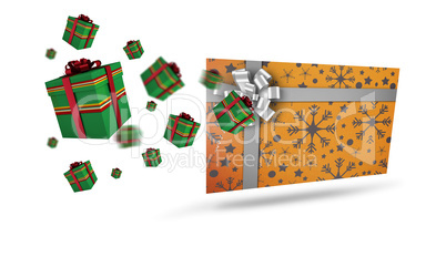 Composite image of flying christmas presents