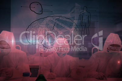 Composite image of chemists working in protective suit with futu