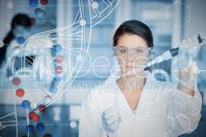 Composite image of serious chemist working with white dna helix