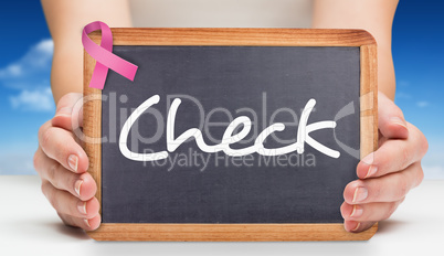 Composite image of females hands showing black board Composite image of females hands showing black board