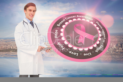 Doctor with breast cancer awareness message