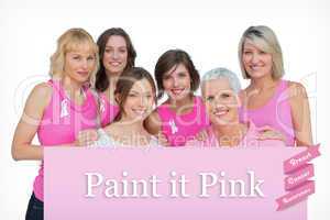 Composite image of happy women posing and wearing pink for breas