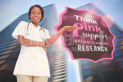 Composite image of young nurse presenting