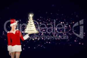 Composite image of pretty santa girl presenting with hand