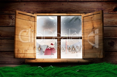 Composite image of santa delivery presents to village