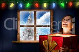 Composite image of happy girl opening gift box