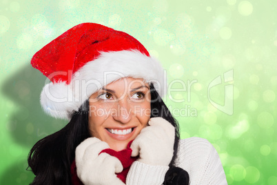 Composite image of woman smiling while looking away