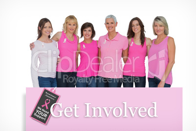 Composite image of smiling women posing with pink tops for breas